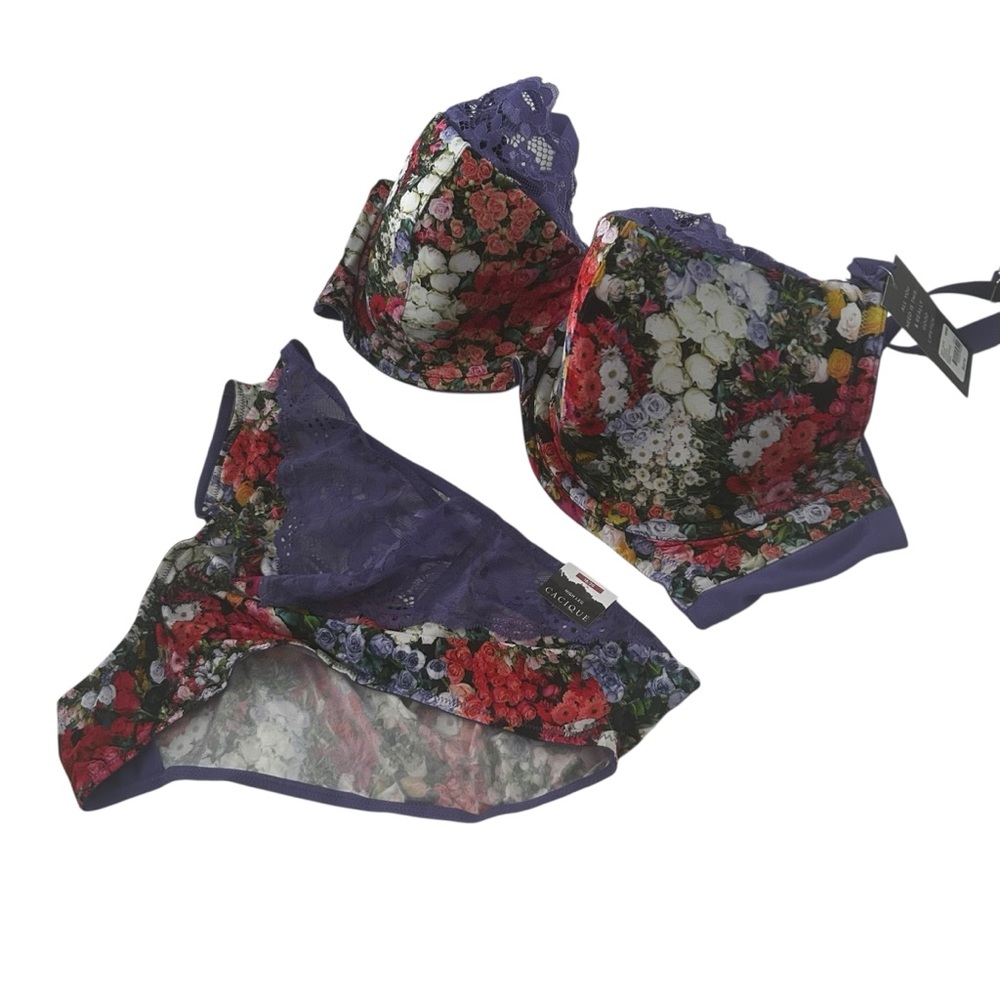 Cacique Lightly Lined French Balconette Women’s Multicolor Bra Size 46DD w panty